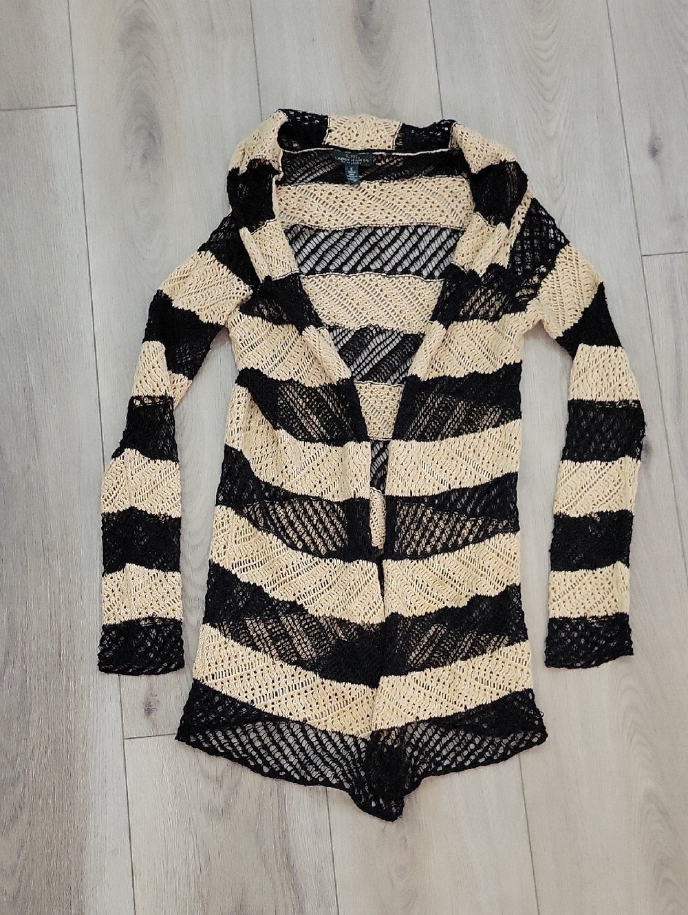 Lauren Ralph Lauren Beige and Black Striped Open-Knit Cardigan